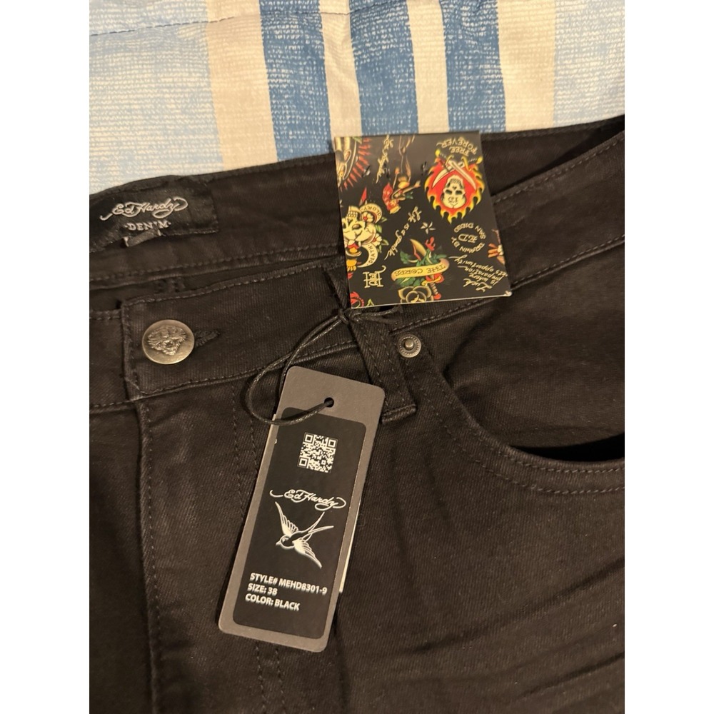 New Ed Hardy Slim Straight Jeans Men's 38X32 Embroidered Tiger Floral Y2K Grunge - Picture 2 of 15